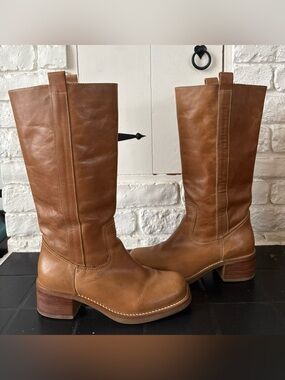 Classic Tall Square Toe Leather Riding Boots - Tan Size 8